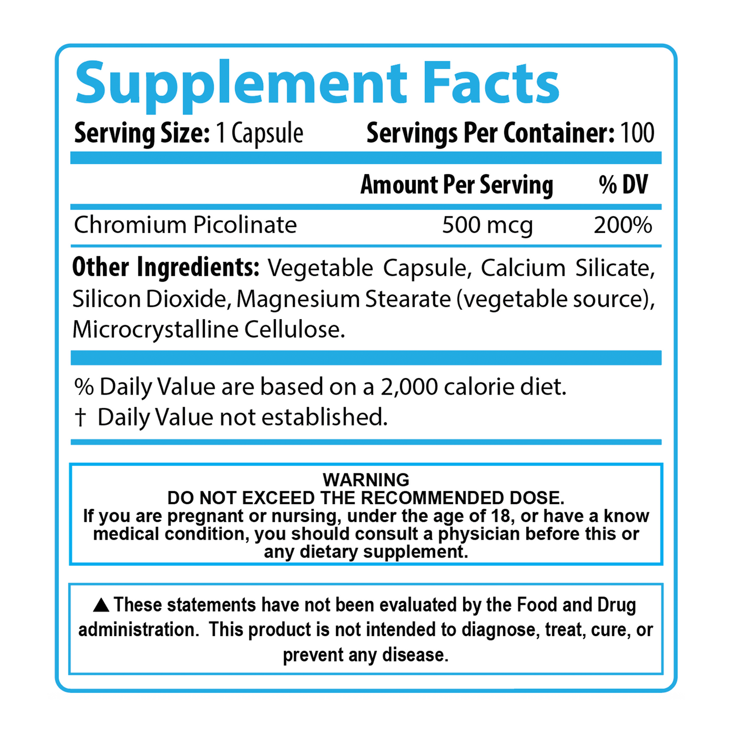 Picolinato de Cromo - 500mcg - 100 caps