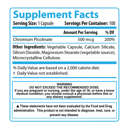 Picolinato de Cromo - 500mcg - 100 caps